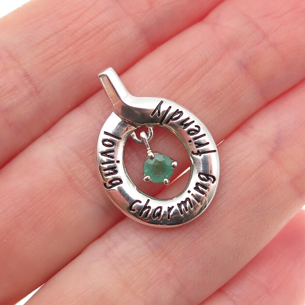 925 Sterling Silver Vintage Real Emerald Loving Charming Friendly Charm Pendant